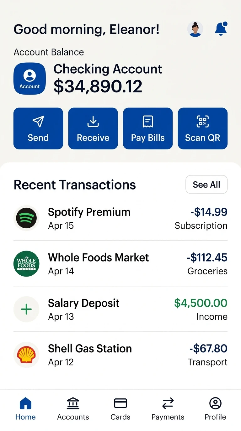 Final mobile banking interface — home dashboard