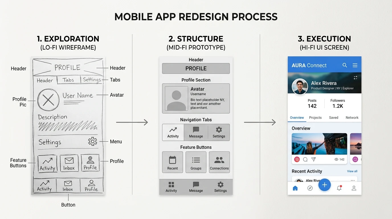 Design process — wireframe to mid-fidelity to final UI