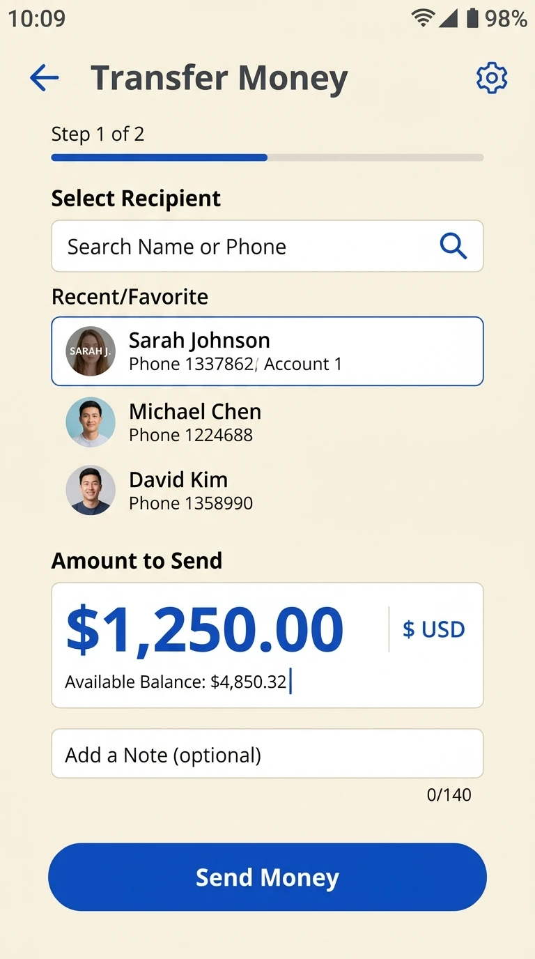 Transfer money flow screen